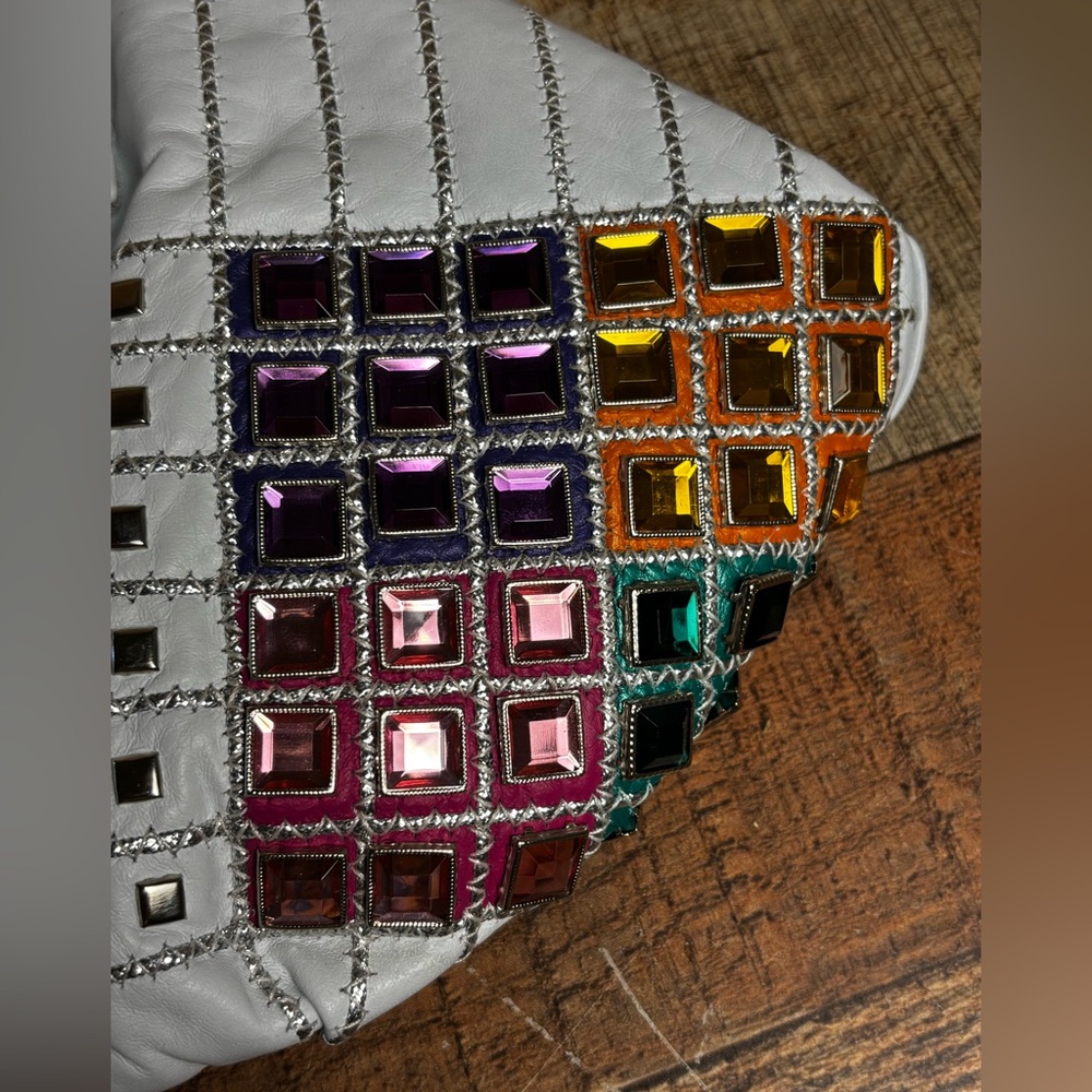 VTG Jeweled White Leather USA Purse 80s 90s Retro Colorful Bling Shoulder Bag - Picture 4 of 12